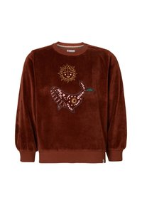 Sammetssvettare i rostfärgad nyans med broderade design av val och sol i guld, rosa och blått. Ribbad mudd och nederkant.