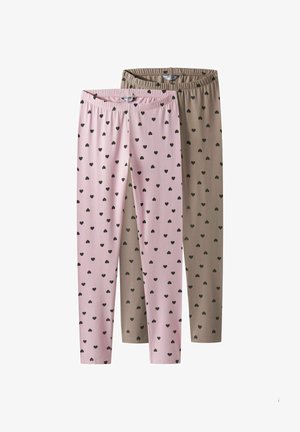 Dos pares de leggings elásticos: uno rosa con corazones negros, el otro marrón claro con corazones negros. Ambos tienen cinturillas elásticas.