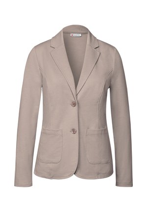 Beige blazer with a collar, single-button closure, two front pockets, and a fitted design. Made of soft, textured fabric.