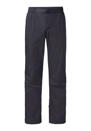 Schwarze wasserdichte Regenhose aus leichtem Material; mit elastischem Bund und geradem Beinanschnitt ohne sichtbare Metallteile.