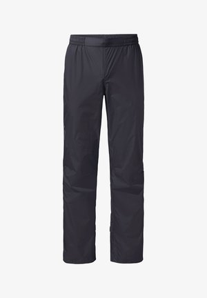 Pantaloni da pioggia neri impermeabili realizzati in tessuto leggero; presentano una vita elastica e un design a gamba dritta senza hardware visibile.