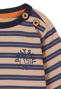 Gestreept shirt in beige, blauw en oranje. Heeft houten knopen op de schouder en een gedrukt zeehondlogo op de borst.