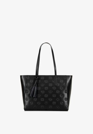 Borsa a spalla in pelle nera con motivi decorativi embossati, due manici lunghi e un accento a nappina sul lato. Texture liscia e forma strutturata.