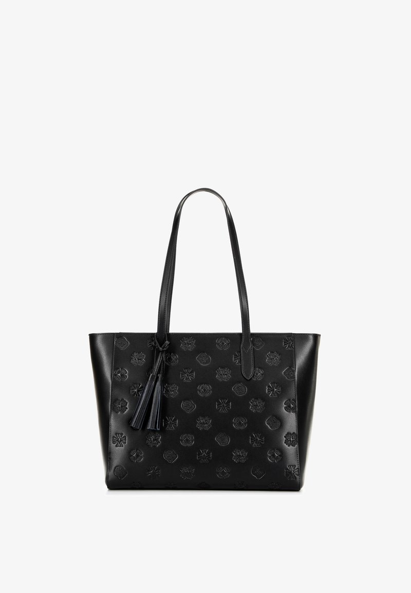 Bolso tote de cuero negro con patrones decorativos en relieve, dos asas largas y un acento de borlas en el lateral. Textura suave y forma estructurada.