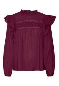 Blouse bordeaux avec des manches à volants, détails froncés au niveau de la poitrine, fabriquée en tissu léger avec une texture à pois subtile.