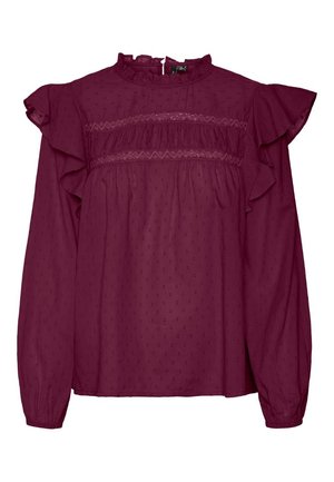 Burgundy blouse with ruffled sleeves, smocked detailing at the chest, made of lightweight fabric with a subtle dotted texture.