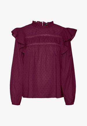 Blusa bordeaux con maniche arricciate, dettagli smock sul petto, realizzata in tessuto leggero con una sottile trama a pois.