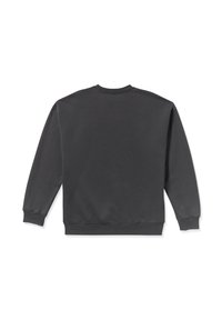 Dark gray sweatshirt with a crew neck, long sleeves, and ribbed cuffs and hem. Made of a smooth, textured fabric. Plain back design.