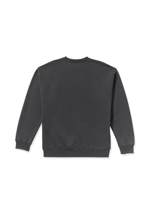 Dark gray sweatshirt with a crew neck, long sleeves, and ribbed cuffs and hem. Made of a smooth, textured fabric. Plain back design.