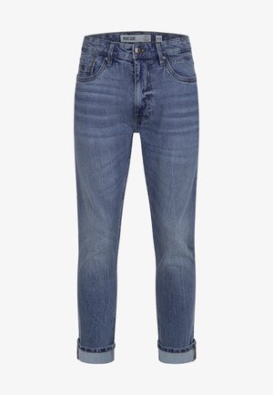 Lichtblauwe spijkerbroek met een vervaagd uiterlijk, met een klassieke vijf-pocketontwerp en opgerolde manchetten. Metalen knoop en ritssluiting.