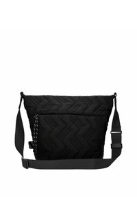 Bolso de crossbody acolchado negro con correa ajustable y bolsillo delantero con cremallera que presenta un tirador de cremallera trenzado en blanco y negro.