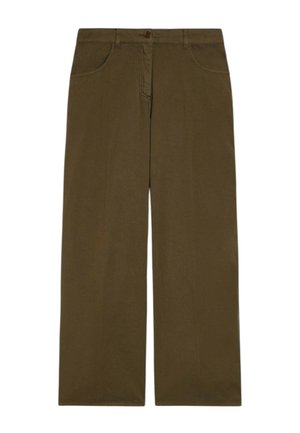 Pantaloni verde oliva a gamba larga con tasche frontali, passanti per cintura, chiusura con bottoni e patta con cerniera, mostrati su sfondo bianco.