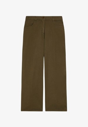 Pantaloni verde oliva a gamba larga con tasche frontali, passanti per cintura, chiusura con bottoni e patta con cerniera, mostrati su sfondo bianco.