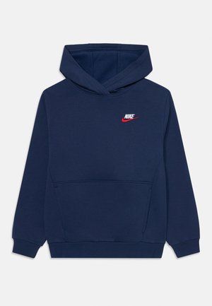 Navy blue hoodie made of smooth fabric, featuring a front pocket and a red Nike logo on the chest with a drawstring hood.