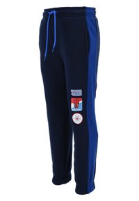 Navy blauwe sweatpants met een lichter blauwe zijpaneel, elastische tailleband, trekkoord en Spider-Man thema patches op het linkerbeen.