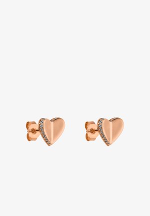 Herzförmige Ohrstecker mit roségoldener Oberfläche, versehen mit einer Reihe klarer Kristalle an einer Seite, glatte Oberfläche mit polierter Textur.