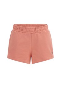 Perzikkleurige shorts van zachte stof, voorzien van een elastische tailleband, twee zijzakken en een klein logo accent op de zoom.