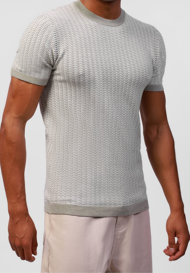Maglione corto a maniche corte grigio chiaro lavorato a maglia, con un motivo zick-zack testurizzato, e colletto e orlo a costine di un verde chiaro a contrasto.
