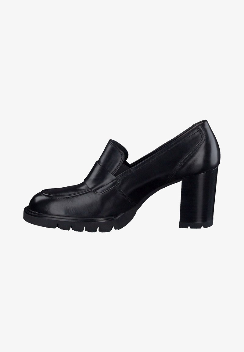 Mocassin pour femme en cuir noir avec talon bloc épais et semelle en caoutchouc épaisse, design sans lacets, finition lisse et polie.