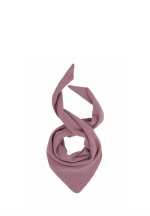 Mauve gestrickter Schal, gefaltet mit einem spitzen Ende und zwei gekreuzten Enden, dargestellt auf weißem Hintergrund.