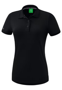 Polo shirt nera realizzata in tessuto liscio; presenta un colletto, una patta con tre bottoni e un logo discreto sulla manica. Maniche corte.