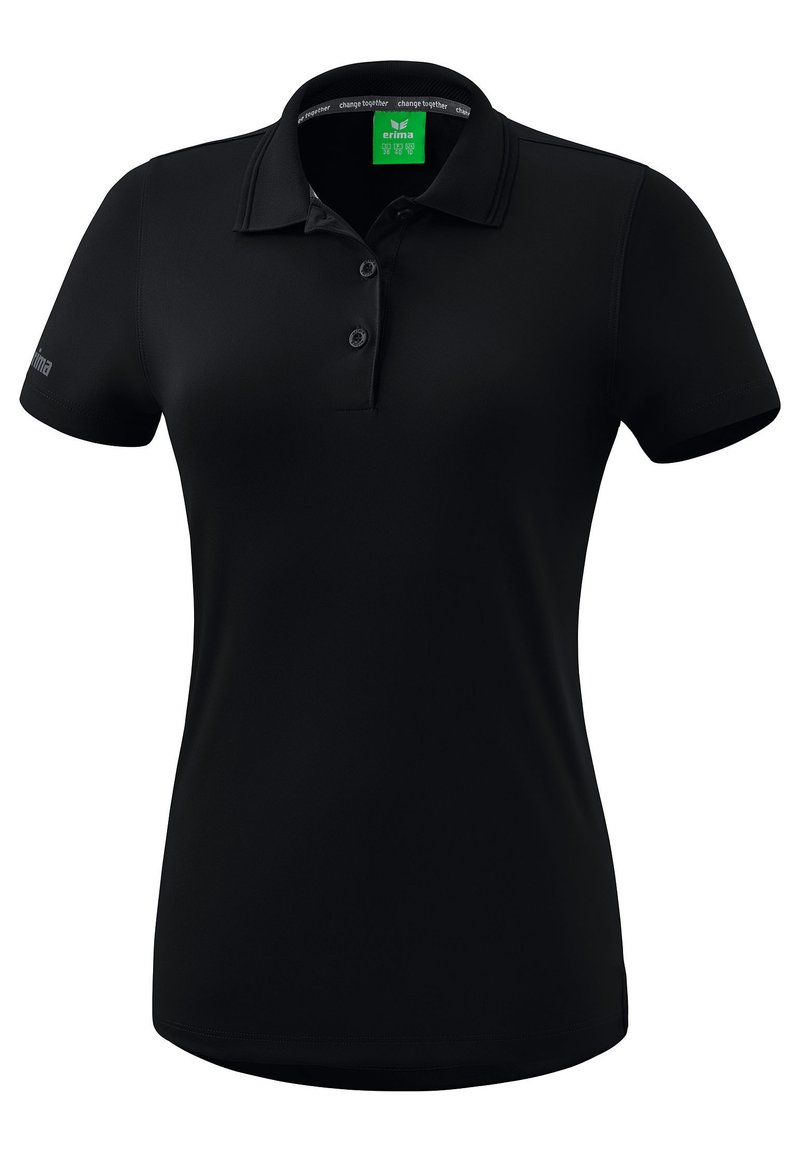 Polo shirt nera realizzata in tessuto liscio; presenta un colletto, una patta con tre bottoni e un logo discreto sulla manica. Maniche corte.