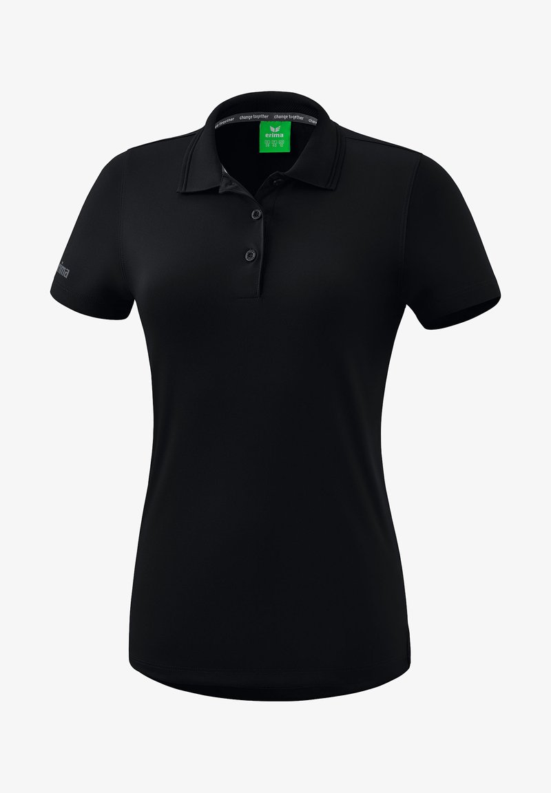Polo shirt nera realizzata in tessuto liscio; presenta un colletto, una patta con tre bottoni e un logo discreto sulla manica. Maniche corte.