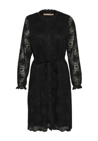 Svart spetsklänning med långa ärmar, knäppning fram och midjebälte. Har intrikata blommönster och en vågig nederkant. Mjuk, genomskinlig textur.