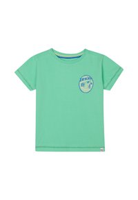 Mintgrünes T-Shirt mit kurzen Ärmeln, Rundhalsausschnitt und einem blauen Grafikdruck auf der Brust. Baumwollmaterial mit glatter Textur.