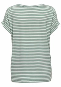 Chemise à manches courtes rayée vert et blanc avec un col rond et une coupe décontractée. Tissu doux avec une texture lisse.