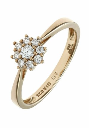 Goldring mit einer runden Anordnung aus neun kleinen und einem größeren Diamanten, ausgestattet mit einem polierten Ringband und eingravierten inneren Details.