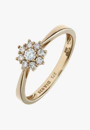 Kuldne sõrmus, millel on ümara kujuga grupp üheksa väikest ja ühte suuremat teemanti, millel on poleeritud sormus ja graveeritud sisekujundused.