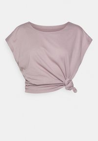 Blusa de manga corta en morado claro con escote redondo y un detalle anudado en el lateral. Confeccionada en una tela suave y lisa.