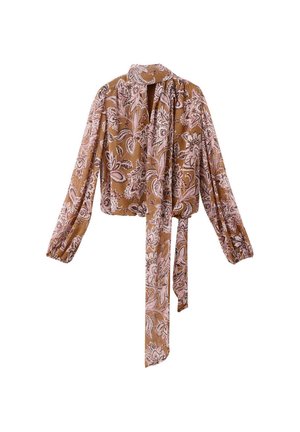 Blusa marrón con mangas largas, patrón floral rosa y blanco, y lazos largos de pañuelo unidos en el cuello y el frente.