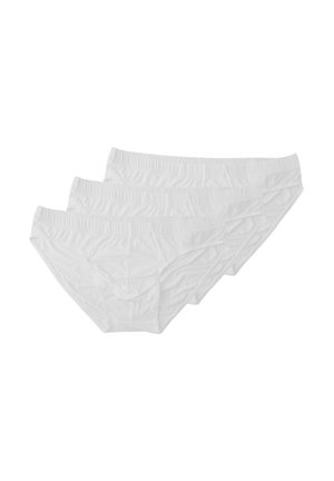 Slips di cotone bianchi, tre paia, con elastico in vita, cuciture piatte e una texture liscia. Taglio standard e design classico.