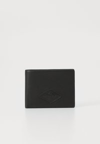 Black leather wallet featuring a diamond-shaped embossed logo. Slim design with a smooth texture and neat stitching.