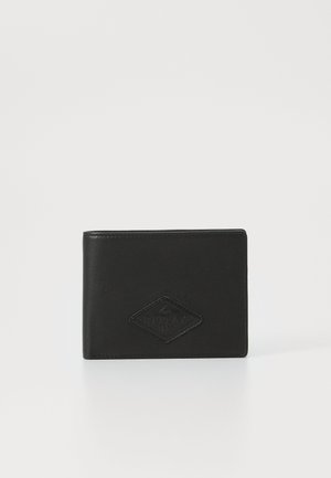 Zwarte leren portemonnee met een diamantvormig reliëflogo. Slank ontwerp met een gladde textuur en nette stiksels.
