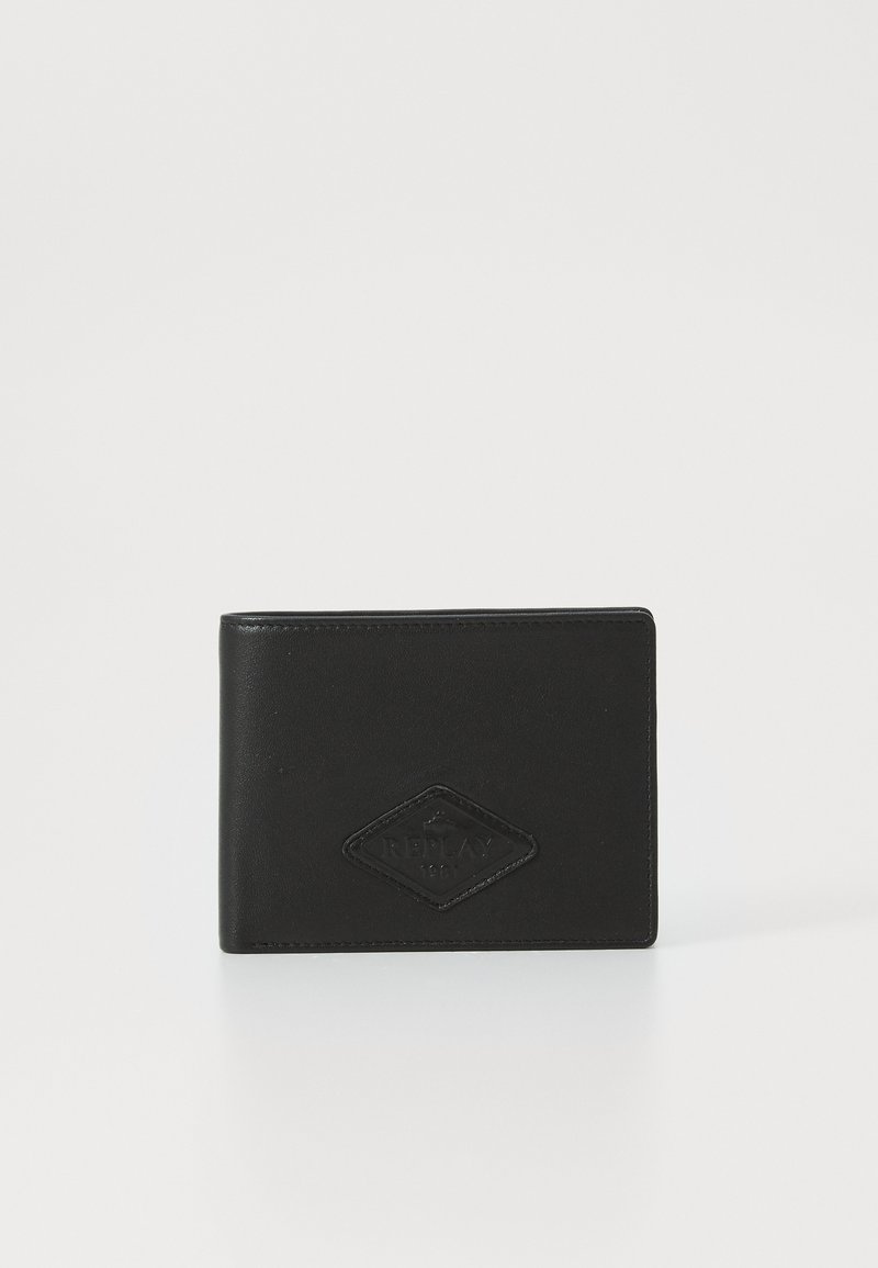 Black leather wallet featuring a diamond-shaped embossed logo. Slim design with a smooth texture and neat stitching.