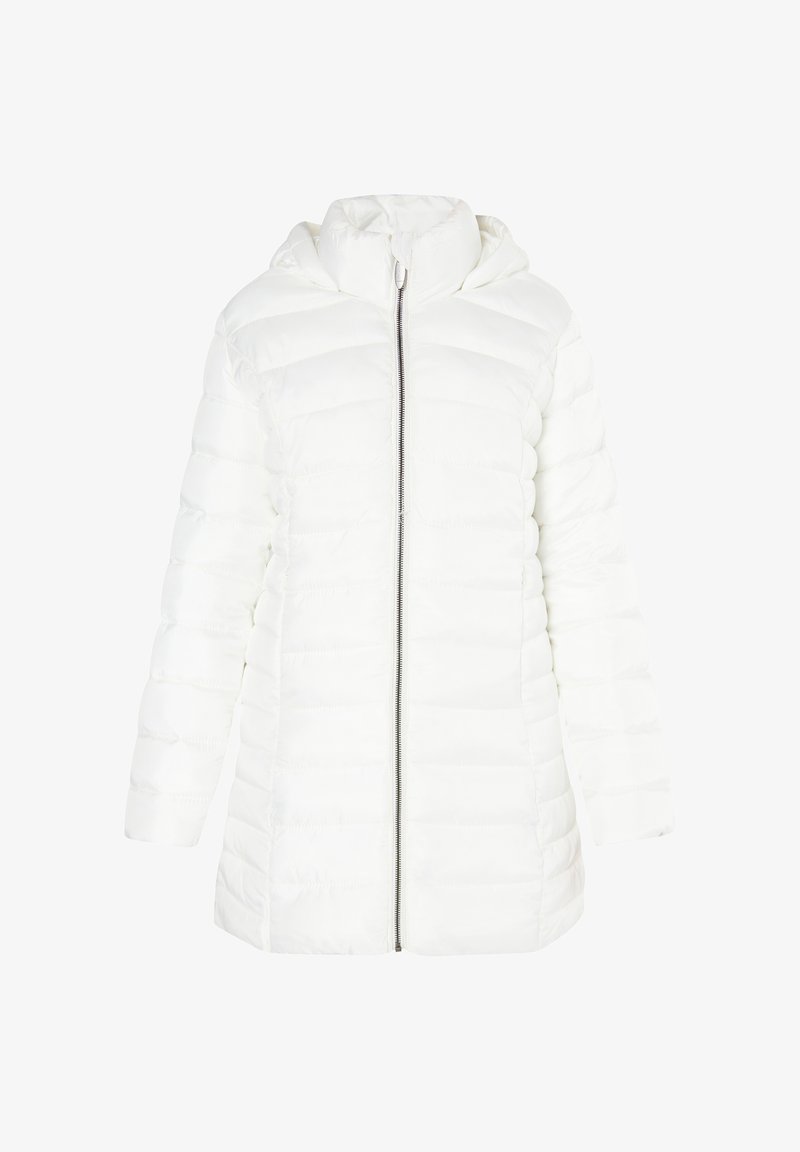 Hvid dunjakke med lynlås foran, hætte og quiltet tekstur. Har horisontale syninger og lige snit.