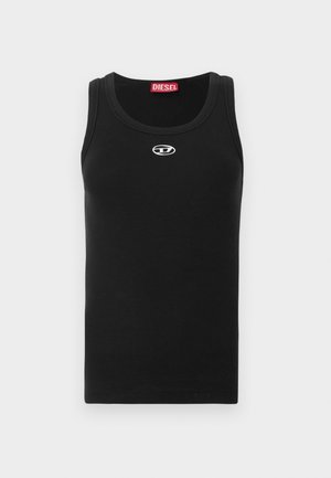 Sort tanktop lavet af bomuldsstof med rund halsudskæring, ærmeløs design og lille hvidt logo på brystområdet.