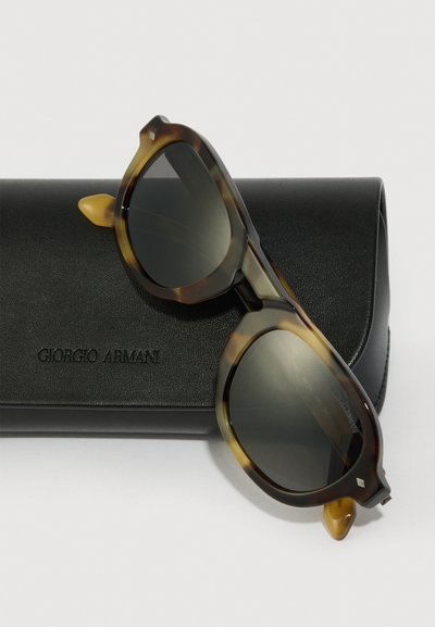 Kilpkonnakujulised prillid tumedate läätsedega, puhatud mustale Giorgio Armani nahast juhul valgel pinnal.