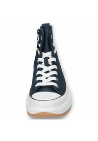 Navy high-top shoe with white laces, rubber toe cap, and gum sole. Features a zip closure on the side and fabric upper.
