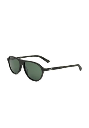 Occhiali da sole neri con lenti rotonde con tinta verde scuro e aste decorate, con il logo bianco "Pepe Jeans" sulla stanghetta destra.