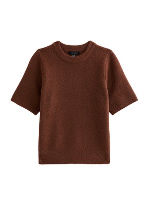 Bruine gebreide trui met korte mouwen, geribbelde ronde hals en zoom, gemaakt van gestructureerde stof.