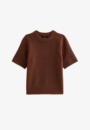 Bruine gebreide trui met korte mouwen, geribbelde ronde hals en zoom, gemaakt van gestructureerde stof.