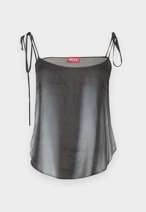 Black satin camisole with thin, adjustable straps and a curved neckline. Features a subtle sheen and a loose, flowing fit. Red label inside.