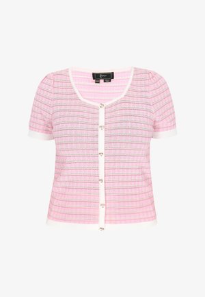 Kurzärmelige, rosa gemusterte Strickjacke mit geripptem Textur, weißen Akzenten und herzförmigen Knöpfen auf der Vorderseite. Leichtes Strickmaterial.