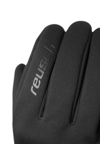 Schwarze Handschuhe aus einem glatten Material, mit vier verlängerten Fingern und einem strukturierten Logo, das im Handgelenkbereich eingeprägt ist.