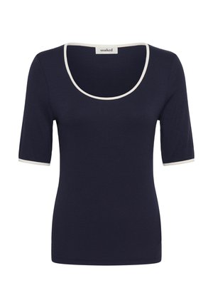 Top albastru marin cu mâneci scurte, cu margini albe la decolteu și la marginile mânecilor, textură striată și guler rotund adânc.