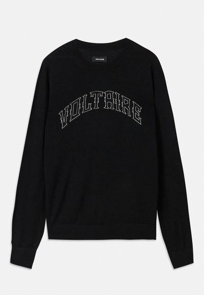 Black sweater with a crew neck and long sleeves. "VOLTAIRE" in contrasting stitching across the chest. Soft texture and fitted design.